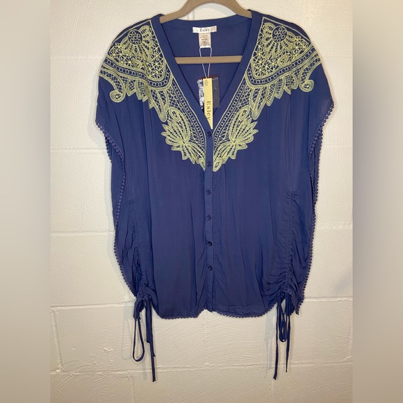 ⭐️ Esley Blue Yellow Embroidered Boho Beach Cover-up  Women's Size Small - Picture 1 of 14